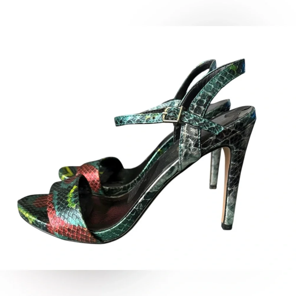 XOXO Colette Metallic Snakeskin Print Strappy Heeled Sandals- Size 7.5